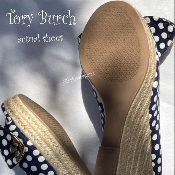 New Tory Burch Polka Dot Wedges Nautical Bow Wedges Boat Summer Spring Sandals - Picture 10 of 16